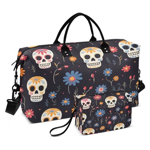 Reisetasche mit Totenkopf- und Blumenmuster, für Fitnessstudio, Yoga, Handgepäck für Männer und Frauen, Wochenendtasche, Totenkopf und Blumen, Einheitsgröße, Reisetasche von Mnsruu