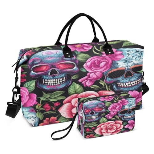 Reisetasche mit menschlichem Skelett und rosa Blumen, für Fitnessstudio, Yoga, Handgepäcktasche für Männer und Frauen, Wochenendtasche, Menschliches Skelett und rosa Blumen, Einheitsgröße, Reisetasche von Mnsruu