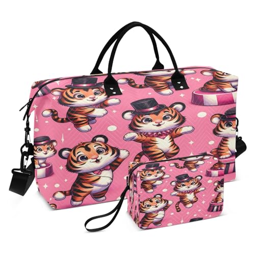 Reisetasche mit niedlichem Tiger-Motiv auf rosa Hintergrund, für Damen und Herren, mit Aufbewahrungstasche, Wochenendtasche, Handgepäcktasche für Reisen, Reisen, Fitnessstudio, Yoga, Niedliche Tiger von Mnsruu