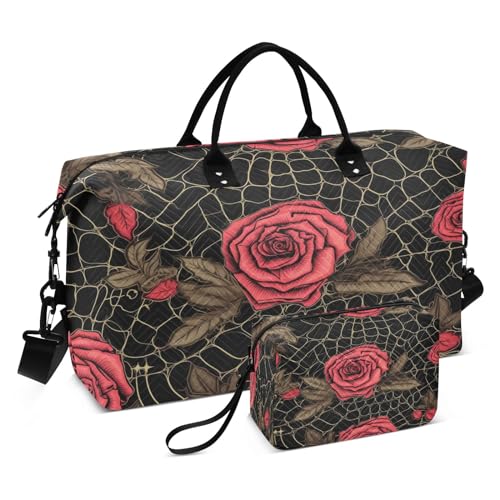 Rote Rose Spinnennetz-Reisetasche, Reisetasche, Fitnessstudio, Yoga, Handgepäcktasche für Männer und Frauen, Wochenendtasche, Rote Rose Spinnennetz, Einheitsgröße, Reisetasche von Mnsruu