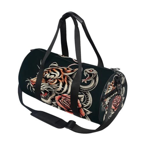 Sporttasche, Reisetasche, Motiv: Tiger mit Schlange und roter Rose, für Damen und Herren, Head Tiger mit Schlange und roter Rose, Einheitsgröße von Mnsruu