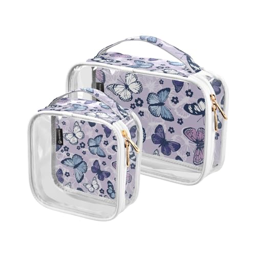 Transparente Reise-Kulturtasche Cartoon Schmetterling Blumen Kosmetiktasche Make-up-Taschen 2 Pack PVC Tragbare Wasserdichte Toilettenartikel Tragetasche Wasch-Aufbewahrungstasche für Damen Herren, von Mnsruu