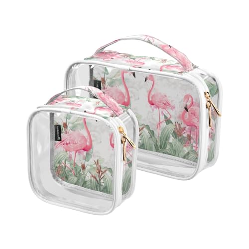 Transparente Reise-Kulturtasche Flamingos, tropische Pflanzen, Kosmetiktasche, Make-up-Tasche, 2 Stück, PVC, tragbar, wasserdicht, Kulturbeutel, Wasch-Aufbewahrungstasche für Damen und Herren, A2610, von Mnsruu