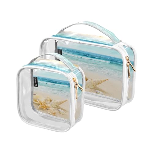 Transparente Reise-Kulturtasche Seestern Muschel Sand Ozean 1 Kosmetiktasche Make-up-Taschen 2 Pack PVC Tragbare wasserdichte Toilettenartikel Tragetasche Wasch-Aufbewahrungstasche für Damen Herren, von Mnsruu