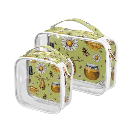 Transparente Reise-Kulturtasche mit Bienen-Honig-Gänseblümchen, Kosmetiktasche, Make-up-Tasche, 2 Stück, PVC, tragbar, wasserdicht, Kulturbeutel, Wasch-Aufbewahrungstasche für Damen und Herren, A847, von Mnsruu