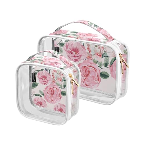 Transparente Reise-Kulturtasche mit rosa Rosen, Garten, Blumen, Kosmetiktasche, Make-up-Tasche, 2 Stück, PVC, tragbar, wasserdicht, Kulturbeutel, Wasch-Aufbewahrungstasche für Damen und Herren, A3172, von Mnsruu