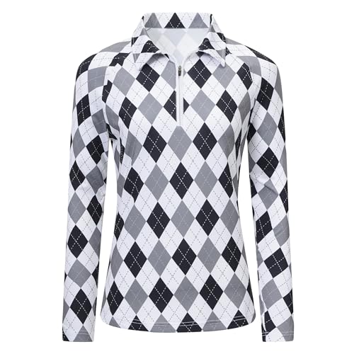 MoFiz Damen Golf Poloshirt Langarm Atmungsaktiv Sport Laufshirt mit 1/4 Reißverschluss Outdoor Funktionsshirt Sportbekleidung F-Grauschwarz L von MoFiz