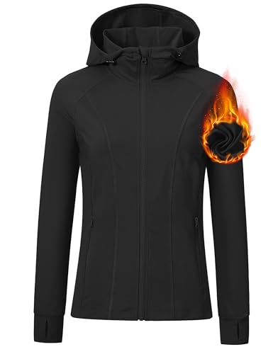 MoFiz Damen Laufjacke Sportjacke Langarm Leicht Atmungsaktive Fahrradjacke Winter Microfleece Sweatjacke mit Taschen Daumenloch Schwarz M von MoFiz