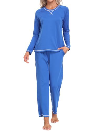 MoFiz Damen Pyjama Set Lang Zweiteiliger Nachtwäsche Soft Warme Sleepwear Pyjamahose mit Kordelzug Saphir Blau L von MoFiz