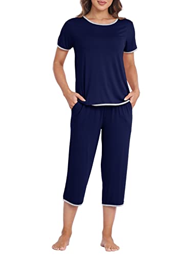 MoFiz Damen Schlafanzug Kurz Pyjama Set Sommer Kurzarm Nachtwäsche Hausanzug Zweiteilige Sleepwear Freizeitanzug mit Tasche Marineblau XL von MoFiz