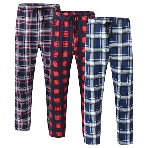 MoFiz Herren Lange Pyjamahose Weich Schlafanzughose Karierte Freizeithose Loungewear Nachtwäsche Elastischem Bund mit Kordelzug und Taschen 3 Pack-PA, S von MoFiz