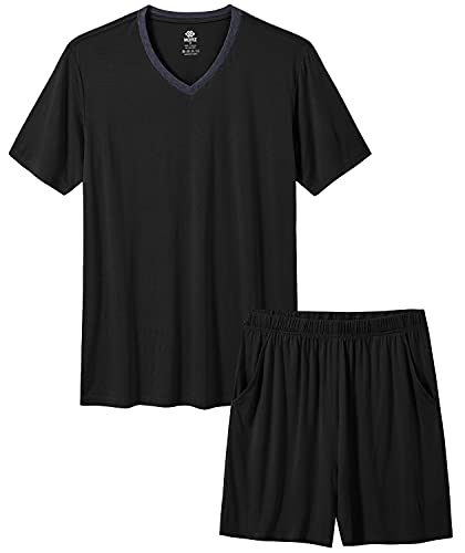 MoFiz Herren-Pyjama-Set, Bambus, Nachtwäsche, leicht, schnell trocknend, weich, kurzärmelig, V-Ausschnitt, Schlaf-Set mit Taschen, 2-Schwarz, X-Large von MoFiz