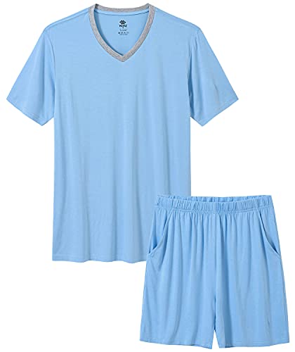 MoFiz Herren-Pyjama-Set, Bambus, Nachtwäsche, leicht, schnell trocknend, weich, kurzärmelig, V-Ausschnitt, Schlaf-Set mit Taschen, 5-sky blue, XX-Large von MoFiz