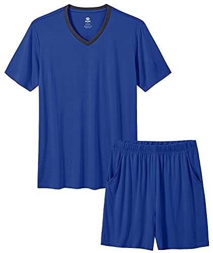 MoFiz Herren-Pyjama-Set, Sommer-Pyjama, Nachtwäsche, leicht, schnell trocknend, weich, kurzärmelig, V-Ausschnitt, Schlaf-Set mit Tasche, 9 - mittelblau, XX-Large von MoFiz