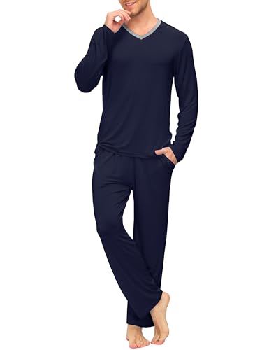 MoFiz Herren Pyjama Set Einfarbiger Zweiteiliger Schlafanzug Langarm Shirt und Pyjamahose mit Einem Elastischen Bund Ausgestattet Marineblau Größe M von MoFiz