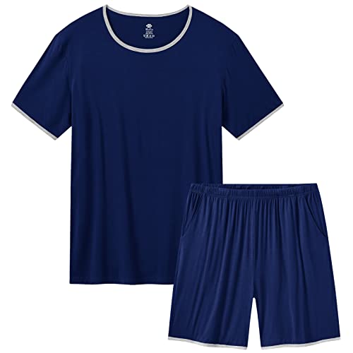 MoFiz Herren Schlafanzüge Kurz Zweiteilige Sommer Pyjamaset Shorty Nachtwäsche O-Ausschnitt T-Shirt&Pyjama-Hose Hausanzug Lässig XL Marineblau von MoFiz