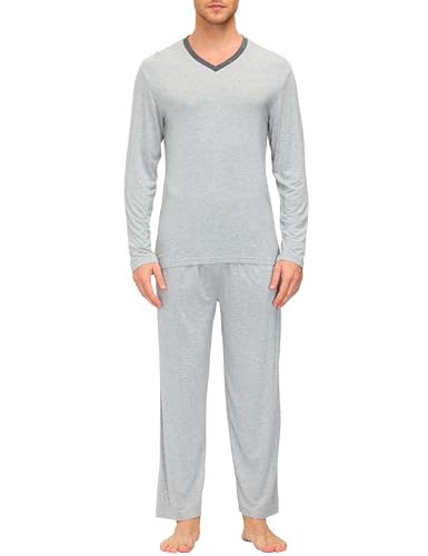 MoFiz Herren Schlafanzüge Pyjama Lang Zweiteiliger Schlicht Bambus Nachtwäsche Langarm Hausanzug V-Ausschnitt Loungewear Set Hellgrau Größe M von MoFiz