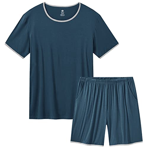 MoFiz Herren Schlafanzug Kurz Sommer Weich Pyjama Set Leicht Nachtwäsche Hausanzug Sleepwear Kurzarm Oberteil und Shorts mit Elastischem Bund Taschen 3XL Blau von MoFiz