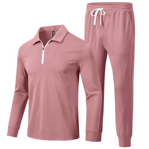 MoFiz Herren-Trainingsanzug, 2-teilig, Trainingsanzug, 1/4-Reißverschluss, langärmelig, Tops, Jogginghose, lässige Outfits für Herren, Pink-Sets, Medium von MoFiz