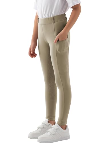 MoFiz Kinder Reithose Mädchen Vollbesatz mit Silikon Kinder Reitleggings mit Reißverschlusstasche Khaki 128-140 von MoFiz