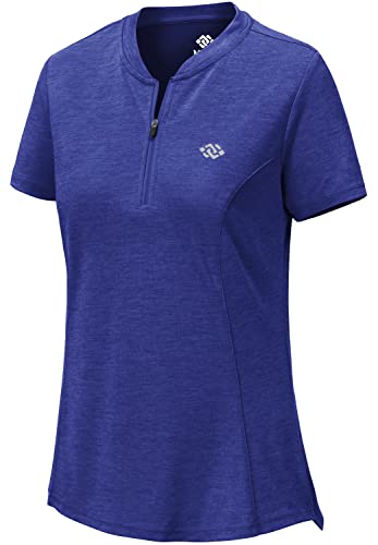 MoFiz Kurzarmshirt Damen Sportshirt Fitness Tops Einfarbig Sweatshirt Casual Laufshirt mit Halb Reißverschluss Blau L von MoFiz