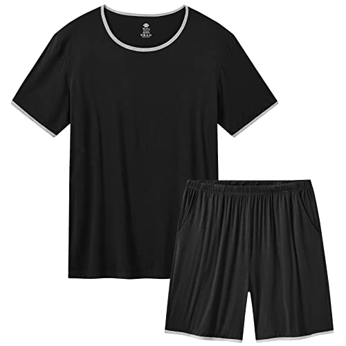 MoFiz Schlafanzug Herren Kurz Pyjama Kurzarm Einfarbig Nachtwäsche Set Zweiteiliger Pyjamahose und Shirt Rundhals Elastischer Bund Taschen Sleepwear für Sommer M Schwarz von MoFiz