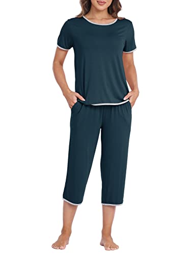 MoFiz Schlafanzug Kurz Damen Hausanzug Pyjama Set Modal Zweiteiler Nachtwäsche fur Sommer Blau XXL von MoFiz