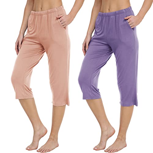 MoFiz Schlafanzughosen Damen Freizeithose Pyjamahosen Haushose Loungewear Pyjamahose Pants mit Taschen Rosa Lila L von MoFiz