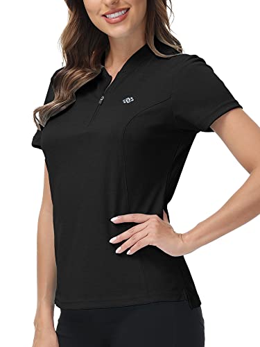 MoFiz Sportshirt Damen Kurzarm Sweatshirt Tops Einfarbig Fitness Shirt Casual Laufshirt mit Halb Reißverschluss Schwarz L von MoFiz