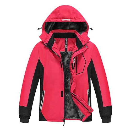 MoFiz Winterjacke Jungen Skijacke Warm Innenfutter Kinder Wasserdichte Winddichte Parka Outdoor Softshelljacken mit Abnehmbare Kapuze Rot/Dunkelgrau XS (DE110-122) von MoFiz