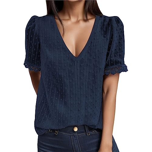 Bluse Damen Kurzarm - Boho Spitzen Oberteile Damen, V-Ausschnitt Doppellagig Tunika Elegant Frühling T-Shirt Tops Curvy Mode Trachtenbluse Sommer Trachtenshirt Festliche Blusen Marineblau XXL von Mobanna