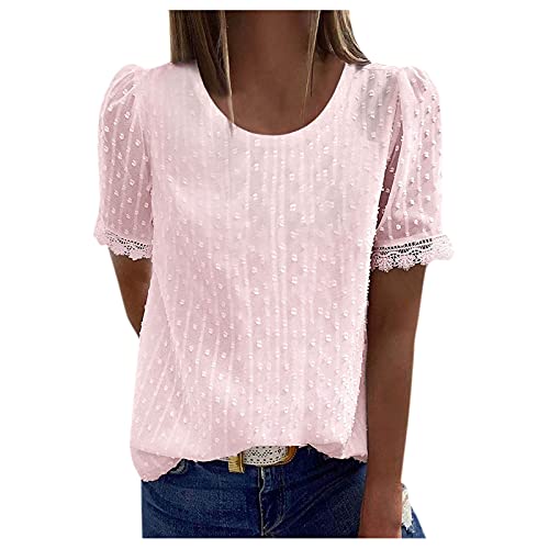 Bluse Damen Kurzarm - Boho Spitzen Oberteile Damen, V-Ausschnitt Doppellagig Tunika Elegant Frühling T-Shirt Tops Curvy Mode Trachtenbluse Sommer Trachtenshirt Festliche Blusen Rosa S von Mobanna