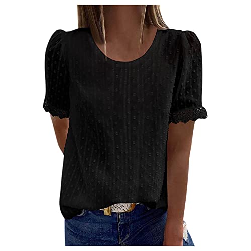 Bluse Damen Kurzarm - Boho Spitzen Oberteile Damen, V-Ausschnitt Doppellagig Tunika Elegant Frühling T-Shirt Tops Curvy Mode Trachtenbluse Sommer Trachtenshirt Festliche Blusen Schwarz S von Mobanna