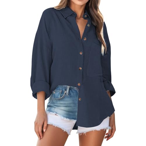 Bluse Damen Langarm mit V-Ausschnitt 100% Baumwolle Hemdbluse Lockere Passform Solide Dickes Oberteil Oversize Bluse mit Brusttaschen Tops Blau XL von Mobanna