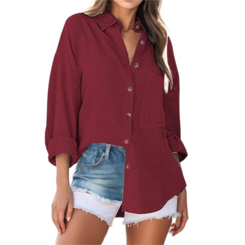 Bluse Damen Langarm mit V-Ausschnitt 100% Baumwolle Hemdbluse Lockere Passform Solide Dickes Oberteil Oversize Bluse mit Brusttaschen Tops Rot XXL von Mobanna