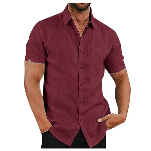 Herren Hemd Kurzarm Leinenhemd Freizeithemd mit Brusttasche Sommer Kurzarmhemd Revers Hawaii Hemd Businesshemd Einfarbig Basic Shirt for Männer Regular Fit Rot M von Mobanna