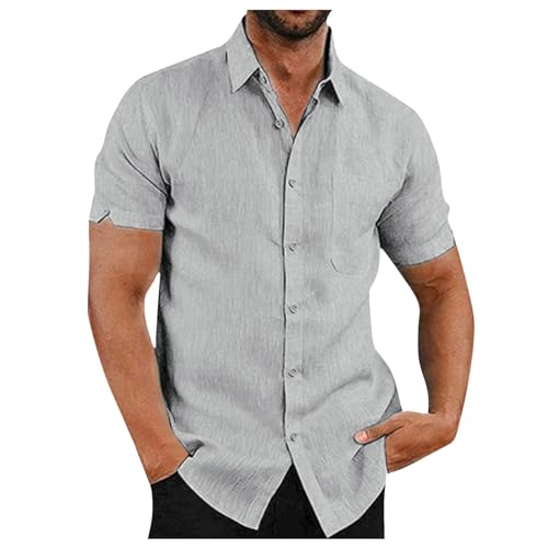 Herren Hemd Kurzarm - Revers Hawaii Hemd Männer, Sommer Strand Hemd Button Down Shirt mit Brusttasche Freizeithemd Einfarbig Retro Kurzarmhemd Leinenhemd Trachtenhemd Oberteile Grau S von Mobanna