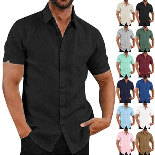 Herren Hemd Kurzarm - Revers Hawaii Hemd Männer, Sommer Strand Hemd Button Down Shirt mit Brusttasche Freizeithemd Einfarbig Retro Kurzarmhemd Leinenhemd Trachtenhemd Oberteile Schwarz L von Mobanna