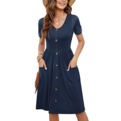 Kleider Damen Sommer Kurz - Rüschen Ärmel Sommerkleid Damen Knielang, V-Ausschnitt Boho Kleid Swing Elastische Taille Midikleid Italienische Frühlingskleid Plisseekleid mit Taschen Marineblau M von Mobanna