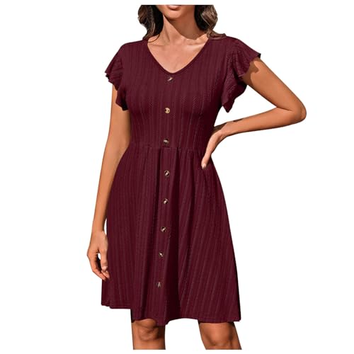 Kleider Damen Sommer - Rüschen Ärmel Sommerkleid Damen Knielang, V-Ausschnitt Boho Kleid Swing Elastische Taille Midikleid Italienische Frühlingskleid Strandkleider Jerseykleid mit Taschen Rot M von Mobanna