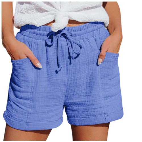 Mobanna Baggy Shorts Damen - mit Gummizug Bermuda Shorts Damen, Sommer Mode Shorts Lässige Musselin Hose mit hoher Taille Gerades Bein Sport Lockere Baumwolle Leinen Shorts Kurze Hose Blau XXL von Mobanna