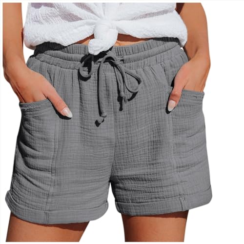 Mobanna Baggy Shorts Damen - mit Gummizug Bermuda Shorts Damen, Sommer Mode Shorts Lässige Musselin Hose mit hoher Taille Gerades Bein Sport Lockere Baumwolle Leinen Shorts Kurze Hose Grau S von Mobanna