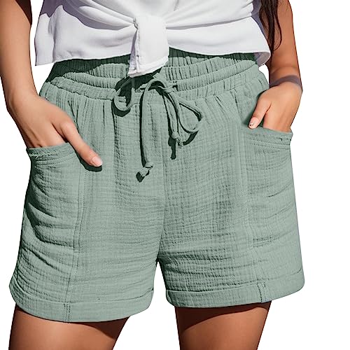 Mobanna Baggy Shorts Damen - mit Gummizug Bermuda Shorts Damen, Sommer Mode Shorts Lässige Musselin Hose mit hoher Taille Gerades Bein Sport Lockere Baumwolle Leinen Shorts Kurze Hose Grün L von Mobanna