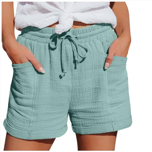 Mobanna Baggy Shorts Damen - mit Gummizug Bermuda Shorts Damen, Sommer Mode Shorts Lässige Musselin Hose mit hoher Taille Gerades Bein Sport Lockere Baumwolle Leinen Shorts Kurze Hose Grün M von Mobanna