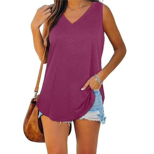 Mobanna Damen Tops Sommer - V Ausschnitt Ärmellose Damen Oberteile, Locker Elegant Longtops Lang Casual Tank Tops Frauen Einfarbig Top Trägertop Tunika Lila XXL von Mobanna