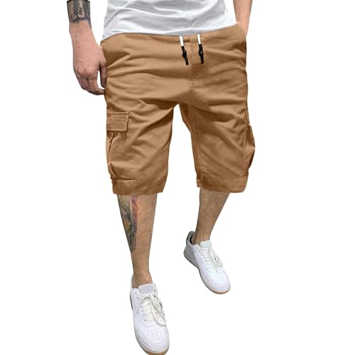 Mobanna Herren-Shorts - mit 6 Taschen Cargohose Herren Kurz, Sommer Chino Baumwolle Elastische Taille Kurze Hosen Lässig Baggy Wanderhose Sport Leichte Laufshorts mit Gummizug Sommerhose Khaki XXL von Mobanna