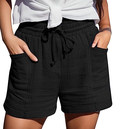 Mobanna Kurze Hose Damen - Musselin Baggy Shorts Damen, Sommer Lässige Kurze Hose mit Taschen und Kordelzug Freizeit Shorts mit hoher Taille Gerades Bein Sport Shorts Elastische Stoffhose Schwarz L von Mobanna