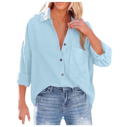 Mobanna Musselin Bluse Damen - Fledermausärmel Leinenbluse Damen V-Ausschnitt Button Down Hemd Blusen Langarm Baumwolle Einfarbig Hemdbluse Longbluse mit Tasche Oberteil Blau L von Mobanna