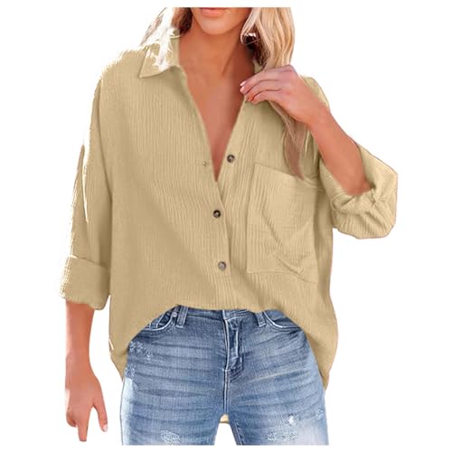 Mobanna Musselin Bluse Damen - Fledermausärmel Leinenbluse Damen V-Ausschnitt Button Down Hemd Blusen Langarm Baumwolle Einfarbig Hemdbluse Longbluse mit Tasche Oberteil Khaki XL von Mobanna