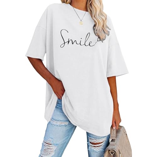 Oversize Shirt Damen - mit Schriftzug Drucken T-Shirt Damen Sommer, Rundhals Kurzarm Tshirt Lose Italienische Mode Tops Shirt Oberteile Frauen Smile Gedruckt Lässig Bluse Sportshirt von Mobanna